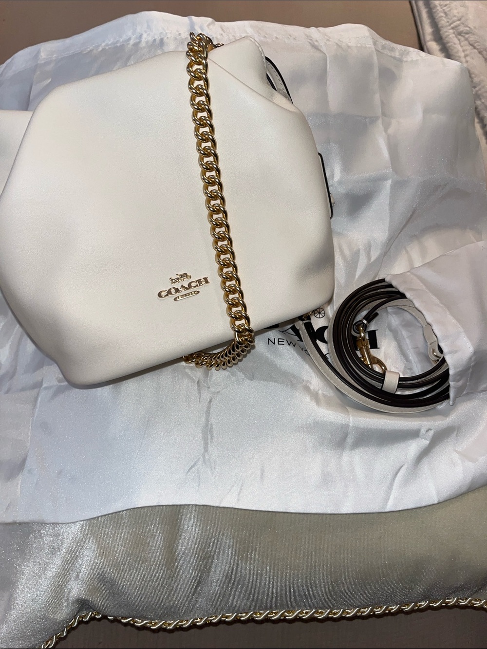 Coach Cream Leather Crossbody Bag with Gold Chain